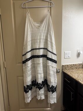 Anthropologie White Maxi Dress with Black Crochet Stripes